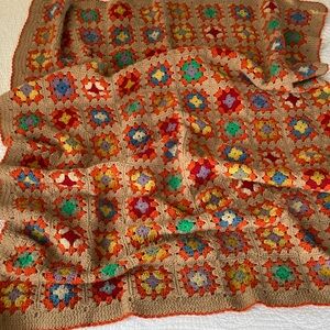 Handmade Crochet Granny Square Throw Blanket in Beige with Multicolor Accents